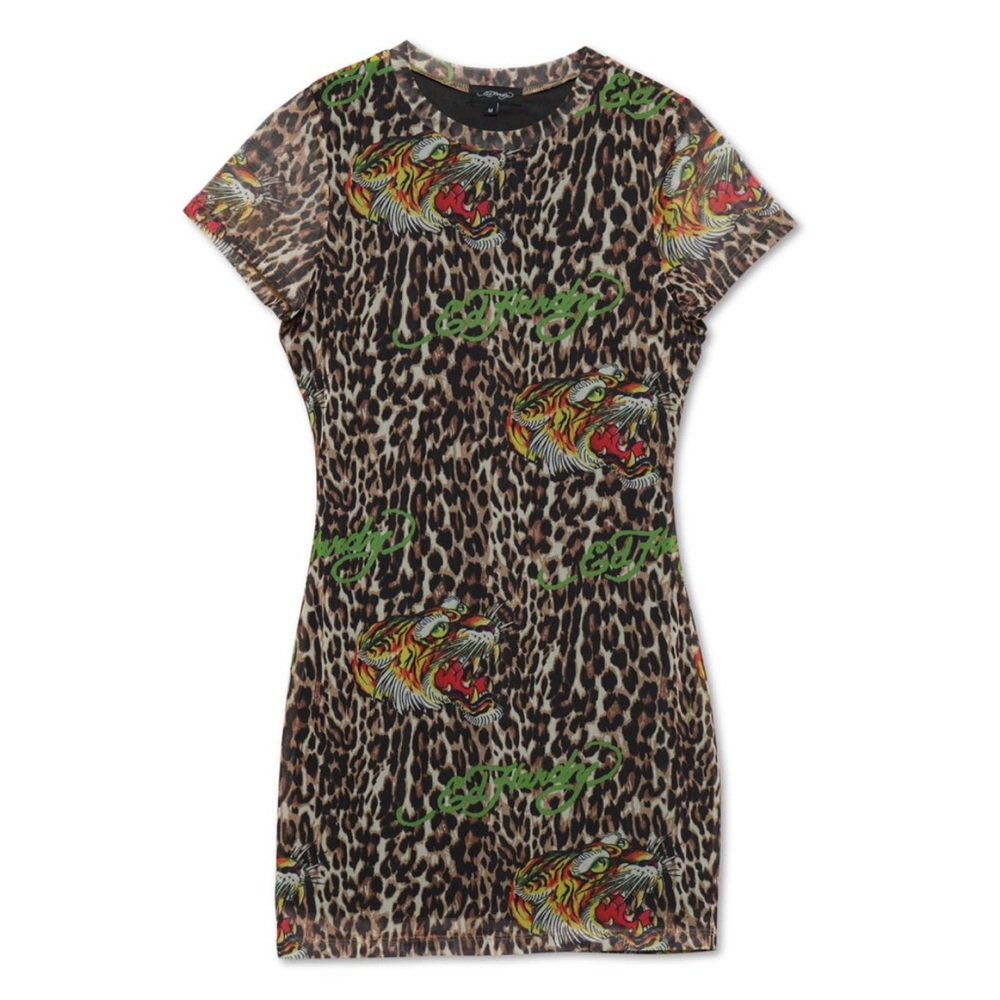 ED HARDY Power Mesh Tiger Leopard Tee Dress Size Medium